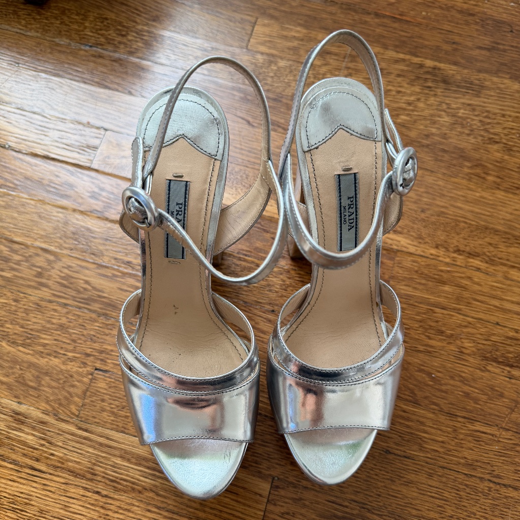 Prada Metallic Silver Platform Sandals Block Heel Ankle Strap Size 37.5